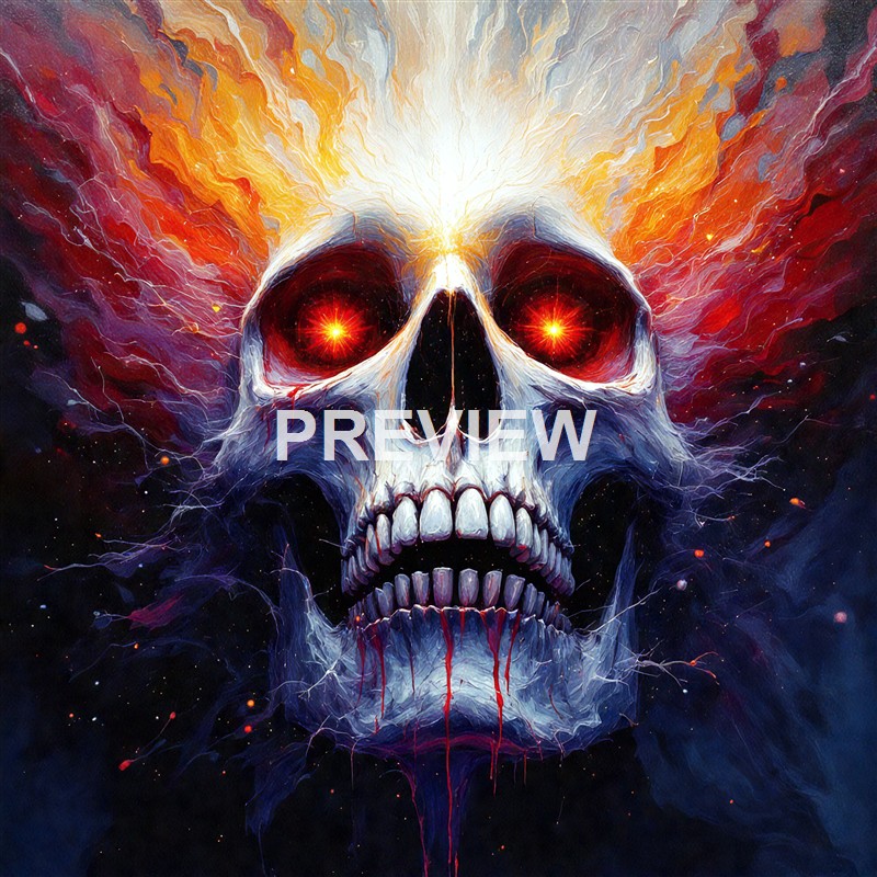 A vivid, surreal painting of a human skull with glowing red eyes, set against a fiery, cosmic background with lightning-like streaks.